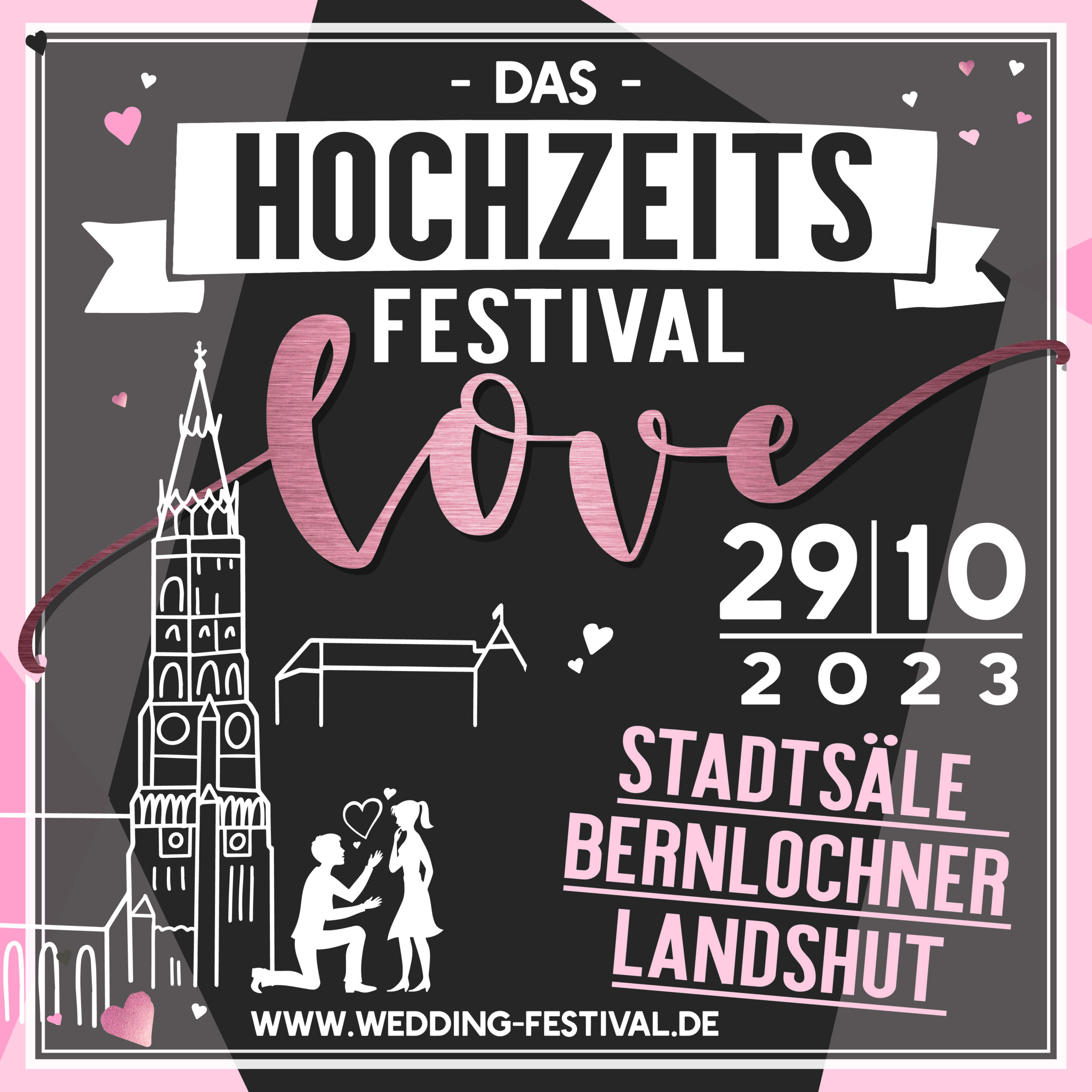 Plakat mit Zeichnung der Martinskirche, Burg Trausnitz und einem verliebten Paar zur Ankündigung de LOVE Hochzeitsfestivals am 29.10.2023 in den Stadtsäle Bernlochner Landshut